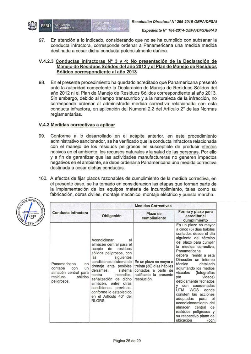 Ministerio._,.,,,:' del Ambiente,,,,. :. :,,.. Resolución Directora/ Nº 296-2015-0EFAIDFSAI Expediente N 164-2014-0EFAIDFSAI/PAS 97.