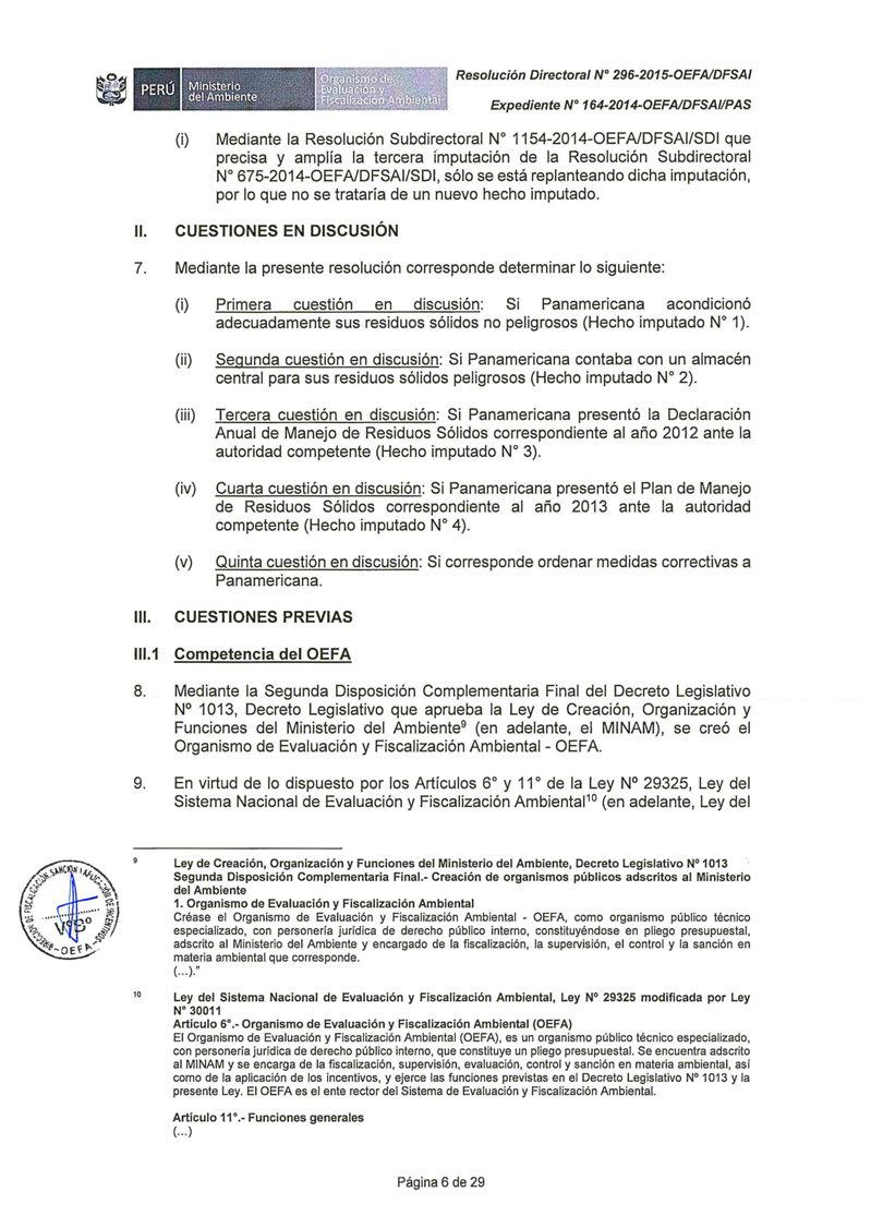 Ministerio, \.. > :' del Ambiente ',, ;: Resolución Directora/ Nº 296-2015-0EFAIDFSAI Expediente Nº 164-2014-0EFAIDFSAI/PAS (i) Mediante la Resolución Subdirectora!