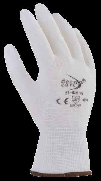 79 51-630 Guante nylon blanco con poliuretano en puntas de dedos Fabricado en nylon blanco, recubierto de poliuretano en la punta de los dedos, con puño tejido de punto y ribeteado.