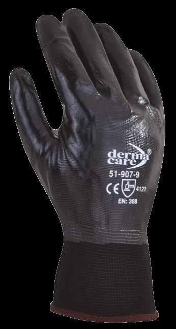 51-907 Guante nylon negro con recubrimiento total de nitrilo sólido Diseño de nylon negro con recubrimiento total de nitrilo sólido. Puño tejido de punto ribeteado.