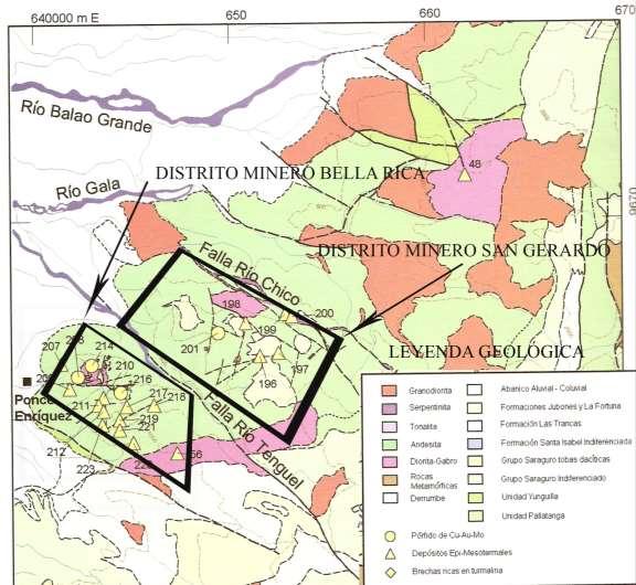 Mapa N 6: Geología local del Distrito Minero Bella Rica y San Gerardo (Fuente: mapa modificado en base a la figura 4.1 pag. 102 Tomo IV de Prodeminca) 3.2.2.5.