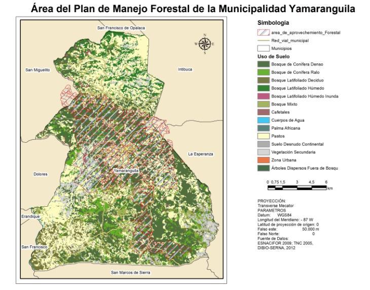 Figura 1. Área del Plan de Manejo, Municipio de Yamaranguila (Área sombreada en color rojo), Departamento de Intibucá, Honduras. Fuente: elaboración propia.