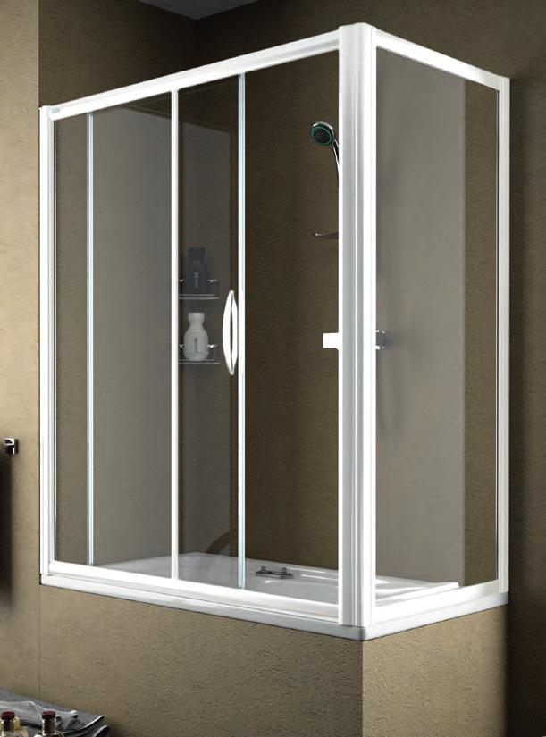 LLORET CRISTAL Frontal de bañera, un fijo y una puerta corredera. Cierre magnético. Color del perfil blanco y Plata Alto brillo.