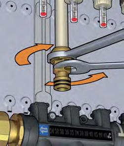 Mediante la válvula de corte con pomo de mando manual, es posible reducir el caudal a los distintos circuitos hasta el cierre total.