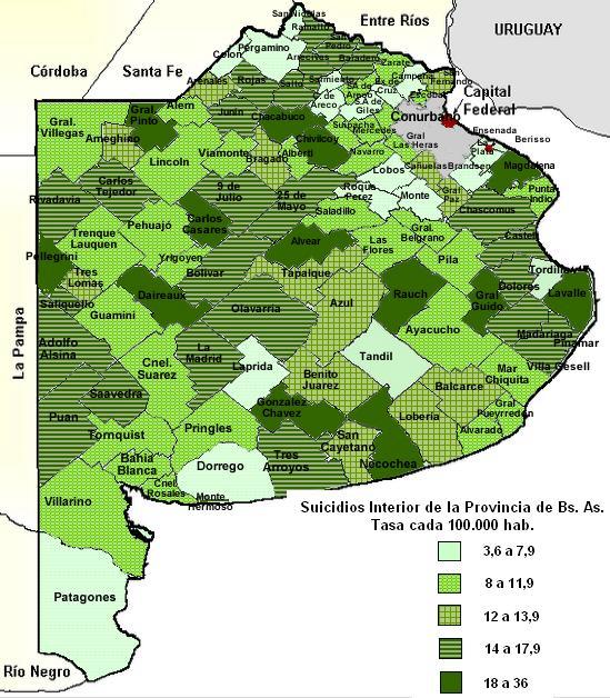 22 Suicidios en los Municipios del Interior de la Provincia de Buenos Aires Tasa Promedio 1997-2005 Fuente: