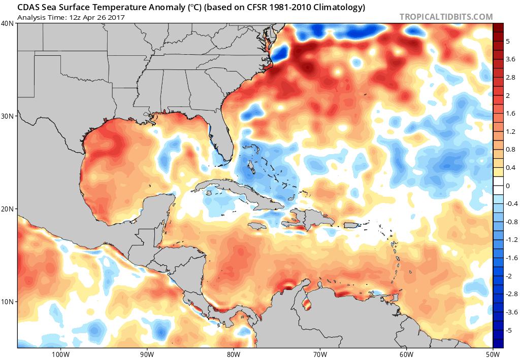Condiciones de TSM Océano Atlántico tropical En el oceáno Atlántico tropical (sector norte) y el mar Caribe las temperaturas del mar han