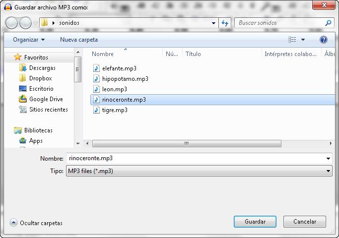 Una vez grabada la palabra o frase ejecutamos Archivo > Exportar como MP3 (o Exportar como WAV si no hemos instalado lame), le asignamos un nombre al fichero y seleccionamos la carpeta en la