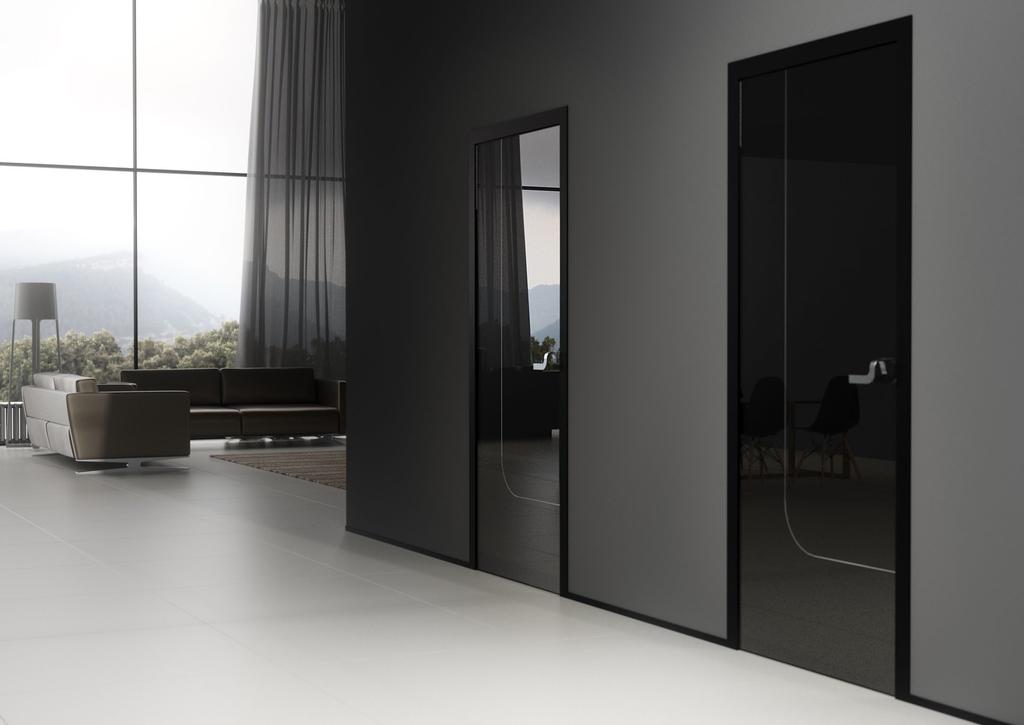 Puertas batientes Flip-uP, línea Glass black&white, en vidrio negro lacado alto brillo Plus white gloss,