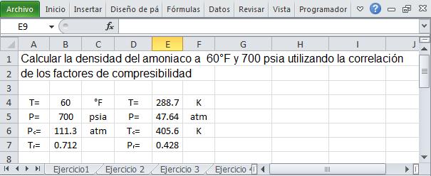 Ejercicio 8 Calcular la densidad del amoniaco a 60 F y 700 psia utilizando la correlación de los factores de compresibilidad Como se trata de una correlación