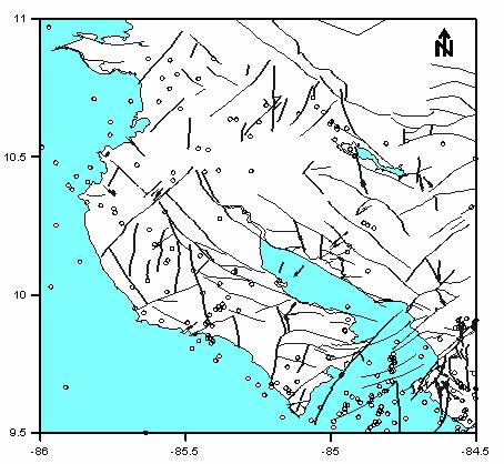 Región Guanacaste En la región de Guanacaste la actividad sísmica se muestra menor y más dispersa con respecto a las regiones central y sur del país (Fig. 9).