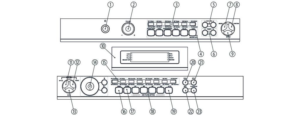 Campo de controles y conexiones 5 Campo de controles y conexiones Campo de controles 1 Interruptor principal 2 Regulador del volumen 3 Teclas de selección para seleccionar estilos.