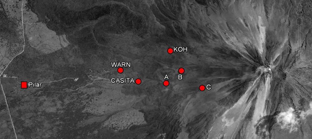 Figura 24: a) Red geodésica del volcán Arenal, año 2012. Círculos rojos representan, reflectores de la red EDM medidos desde el monumento Pilar.