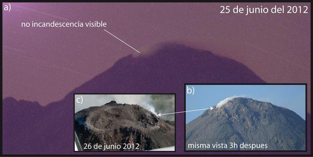 Figura 25: a) Foto de noche larga exposición (~12min, iso800) del lado noroeste de la cima del Cráter C del volcán Arenal, y b) misma vista de día 3h después (Fotos: G.Avard, el 25 de junio del 2012).