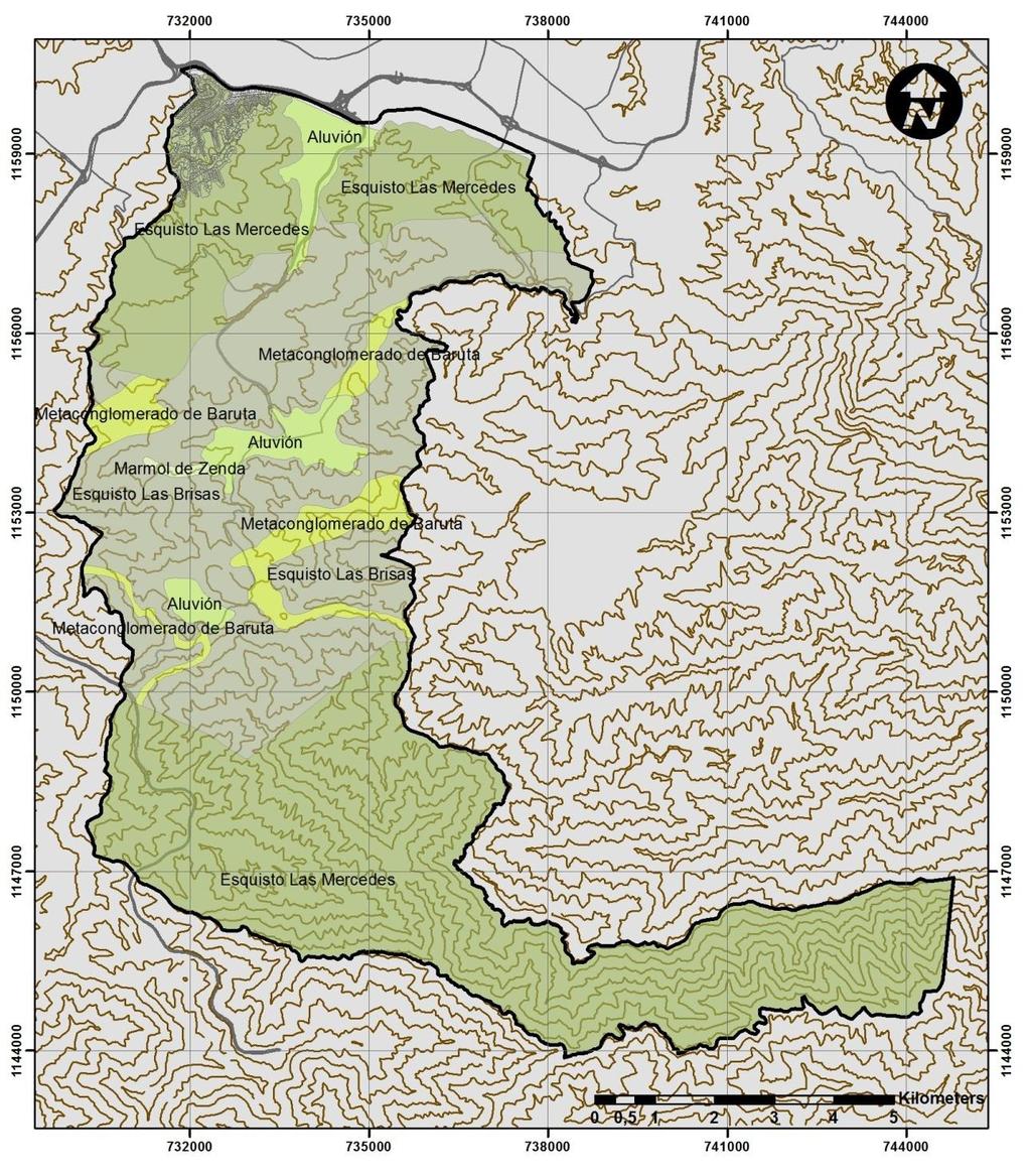 Figura 27. Geología del municipio Baruta. En el recuadro rojo se encuentra la urbanización Colinas de Bello Monte. Fuente: Modificado de Urbani & Rodríguez, 2004.