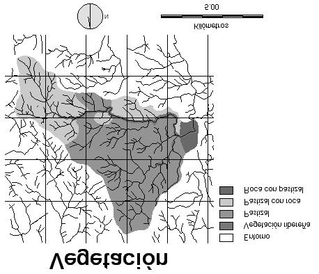 MAPA DE VEGETACIÓN En la subcuenca Noroeste se encuentran cuatro tipos de vegetación: vegetación ribereña, pastizal, pastizal con roca y rocas con pastizal.