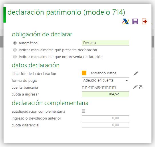 Obligación de declarar, datos declaración y declaración complementaria Pulse sobre el icono del modelo 714.