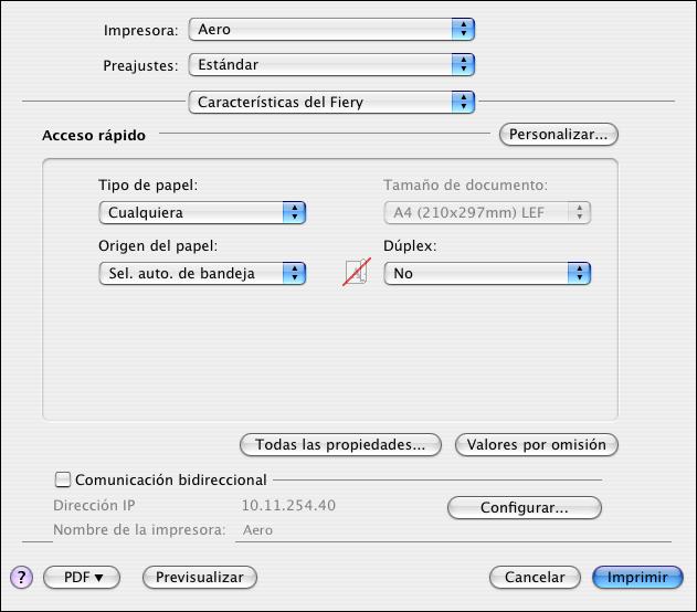 MAC OS 61 PARA CONFIGURAR LAS OPCIONES DE IMPRESIÓN E IMPRIMIR DESDE MAC OS X 1 En su aplicación, seleccione Archivo > Imprimir y seleccione el Fiery Controller como su impresora.
