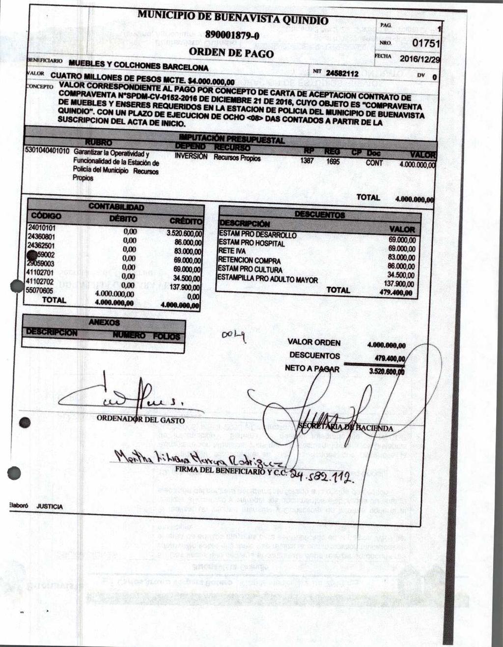 ORDEN DE PAGO -re-fiamtm mueauly COLCHONES BARCELONA Nn 24682111 Awit CUATRO MILLONES DE PESOS /AME $4000.