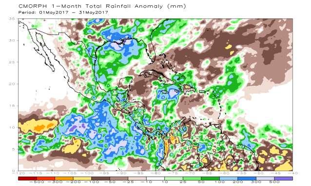 Estimación satelital del total de lluvia acumulada en mayo de 217 (arriba) y