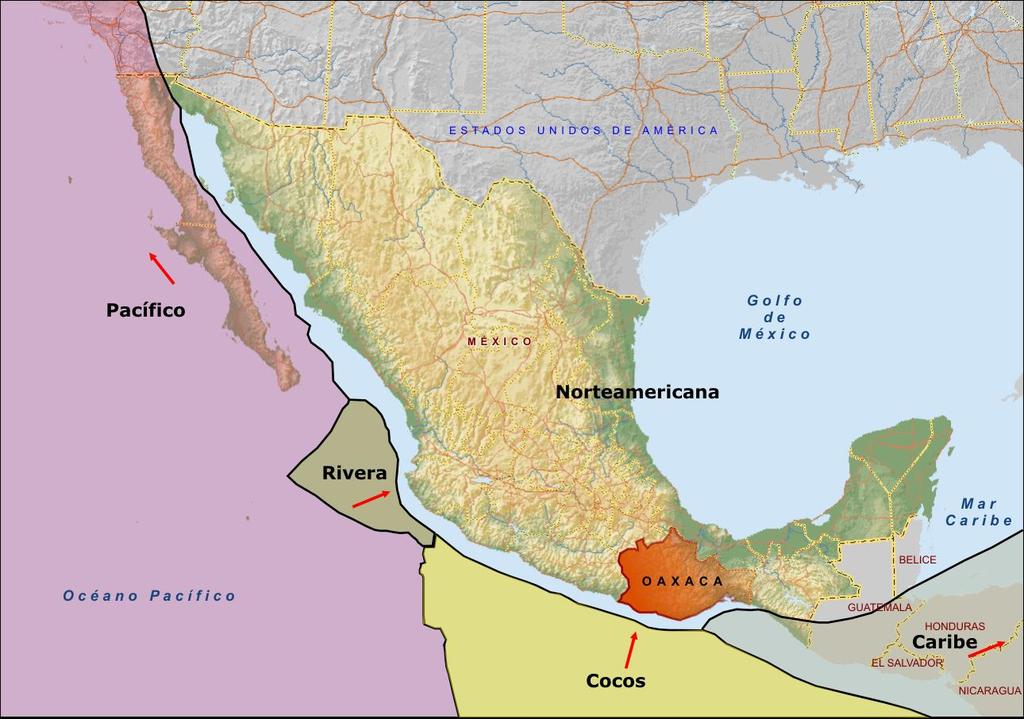 Figura I.1 Placas tectónicas en la República Mexicana A su vez el estado de Oaxaca está dividido en las siguientes unidades tectónicas (fig I.2): A.