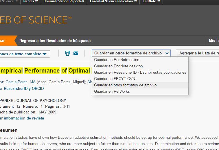 Web of Science 1. Una vez localizado el artículo hay que entrar en el registro completo del mismo.