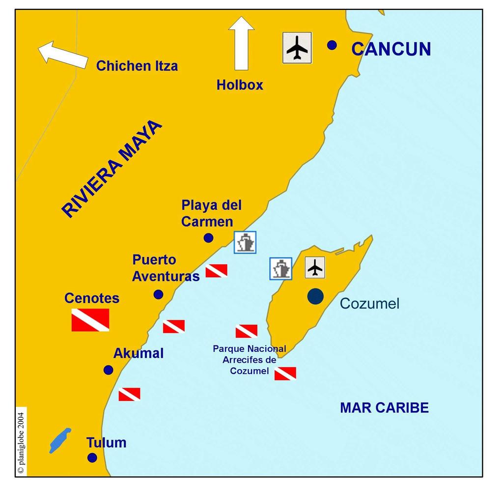 Playa del Carmen es un enclave turístico dentro del marco de la Riviera Maya, ubicada a unos 50 Km. al sur de Cancún, en la península de Yucatán.
