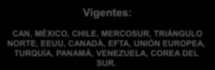 Vigentes: CAN, MÉXICO, CHILE, MERCOSUR, TRIÁNGULO NORTE, EEUU, CANADÁ, EFTA,