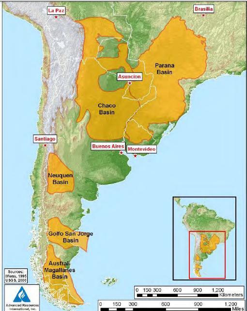 Shale gas en América del Sur Cuencas al sur de América del Sur Cuenca Recursos Recuperables /Riesgo (tcf) (tcm)