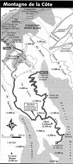 13. Montagne de la Côte (extensió ruta núm. 9 ) Dificultat : Mitjana Alta.. Alçada màxima : 2589 m. La Jonction. Localitat de la Vall : Chamonix Les Bossons. Desnivell acumulat: 1200m.. Durada : 5 6 h.