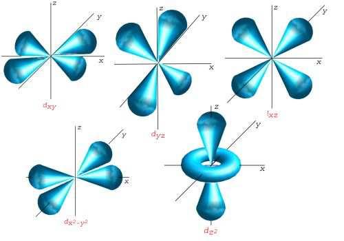 forma, que difieren en su orientación: p x, p y, p z.. Pueden albergar un máximo de 2 x 3= 6 electrones. - Los orbitales d tambien tienen forma de lóbulos, pero más complejos.