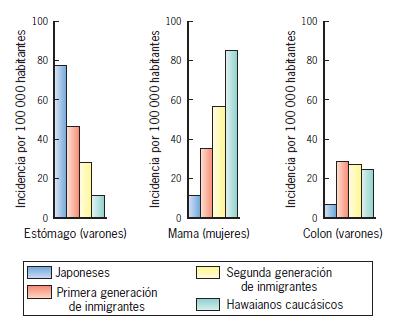 Figura 16.6 Incidencia cambiante de cáncer en personas de ascendencia japonesa después de la inmigración a Hawai.
