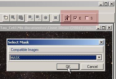 Al seleccionar la máscara se activan las casillas E (enabled) y S (shown) junto al icono de Select Mask.