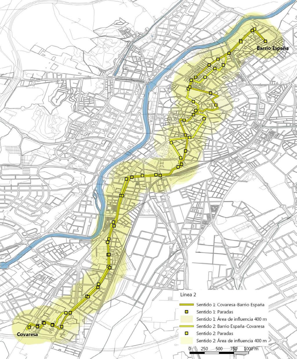 Línea 2: Covaresa-Barrio España Plan de implantación de una línea de tranvía en Valladolid Características de la línea Demanda (2012) Longitud sentido 1 (m) 10.