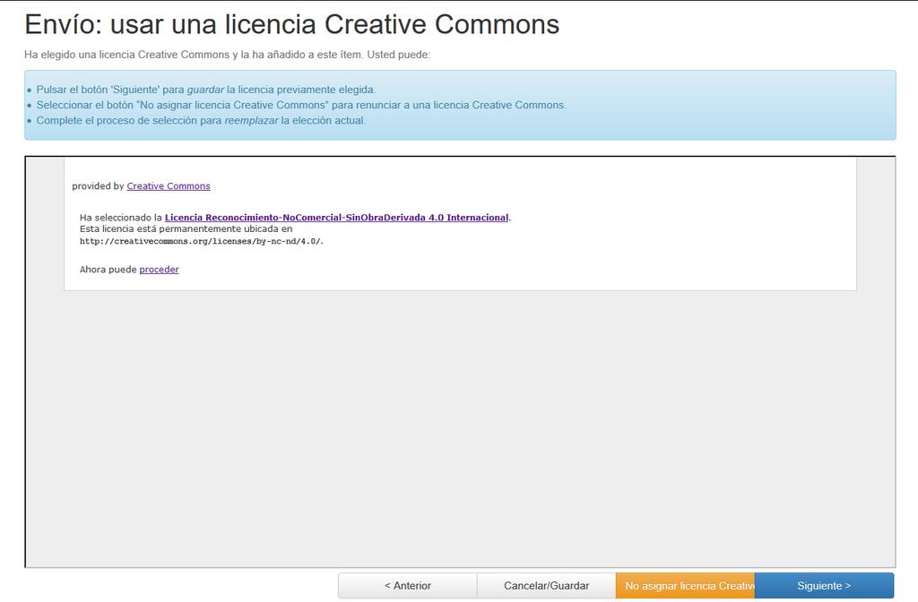 Después de haber elegido la licencia Creative Commons se abre una nueva ventana con la información de la