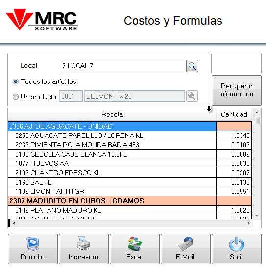 Fórmulas y reportes de costos Listado de Fórmulas EL reporte nos muestra la composición de cada producto que tiene la propiedad Receta, activada.