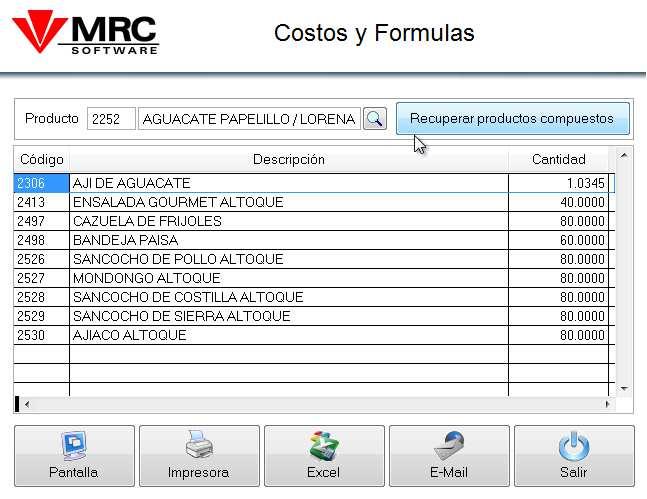 Fórmulas y reportes de costos Productos en fórmulas El reporte nos muestra todas las recetas en las que participa un producto determinado, indicado por el usuario.
