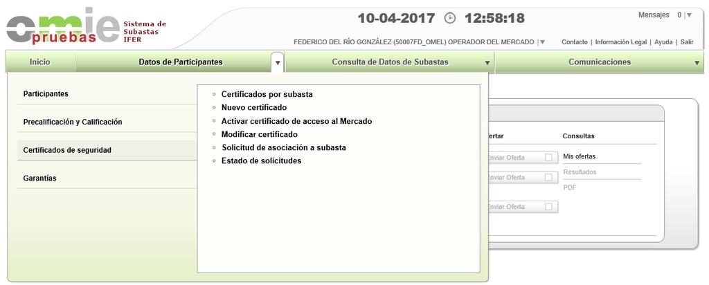 78 GESTION DE CERTIFICADOS DE LA SUBASTA Desde «Datos Participantes» el apoderado puede gestionar los certificados para la subasta: Solicitar nuevos
