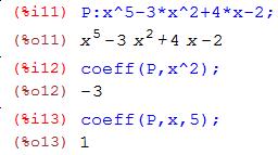 Polinomios y ecuaciones con wxmaxima 55 Apéndice 1 Algunas órdenes útiles de wxmaxima útiles para trabajar con polinomios y ecuaciones Polinomios coeff (expr, n) o coeff (expr, x^n) Devuelve el