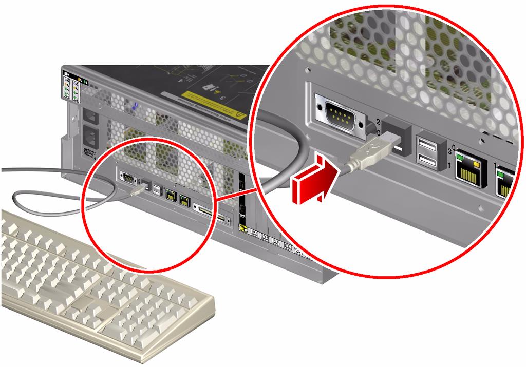 4. Conecte el cable del teclado USB a un puerto USB del panel posterior del servidor Sun