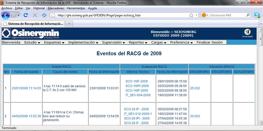 ACTUACIONES DEL ERACG 2009 EN EL SISTEMA EXTRANET DEL OSINERGMIN El COES registra en el sistema extranet los eventos con perturbación de frecuencia (plazo de 4 horas).