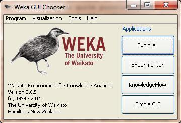 Figura 4: Pantalla de inicio de Weka Al iniciar WEKA desde la consola, aparece la pantalla inicial en la que se muestran los cuatro entornos de trabajo con los que cuenta la aplicación: Explorador