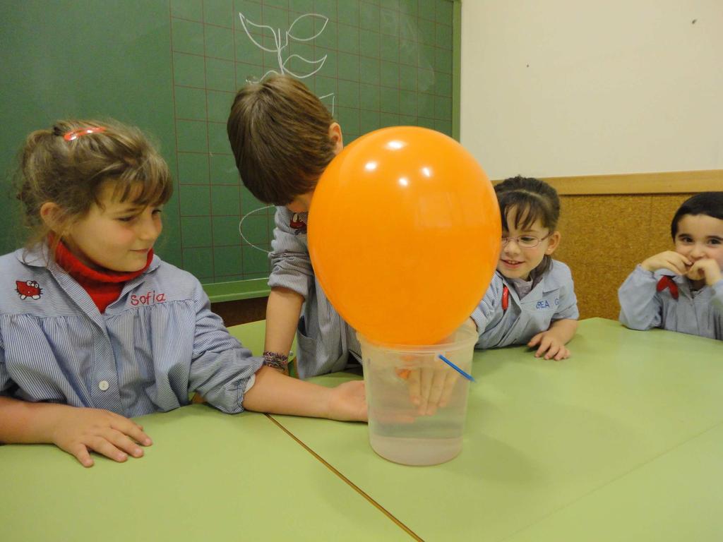 Experimento Hinchamos un globo y soltamos el aire dentro de un cubo lleno de agua. Pregunta: Qué sucederá?