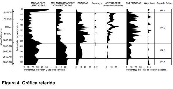 frecuencias de polen en el Holoceno Medio en otros lagos de Petén indican los impactos de la agricultura sedentaria.