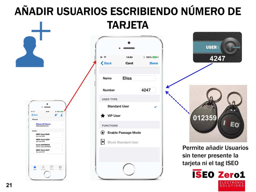 Argo permite distribuir las credencias ISEO a los usuarios y darlas después de alta insertando el número que aparece impreso en la tarjeta y en el tag ISEO.