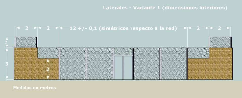 LATERALES Reglamentariamente se admiten dos variantes en los cerramientos laterales: Variante 1 Compuesta por zonas escalonadas de pared en ambos extremos, de 3 metros de altura por 2 metros de