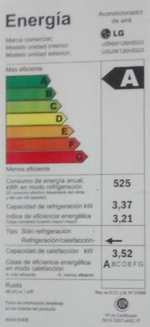 Eficiencia Energética Sustentable Concepto Modelo: US-W126HSG3 Capacidad Modo Frío: 3.370 W Consumo Potencia: 1.050 W Capacidad Modo Calor: 3.