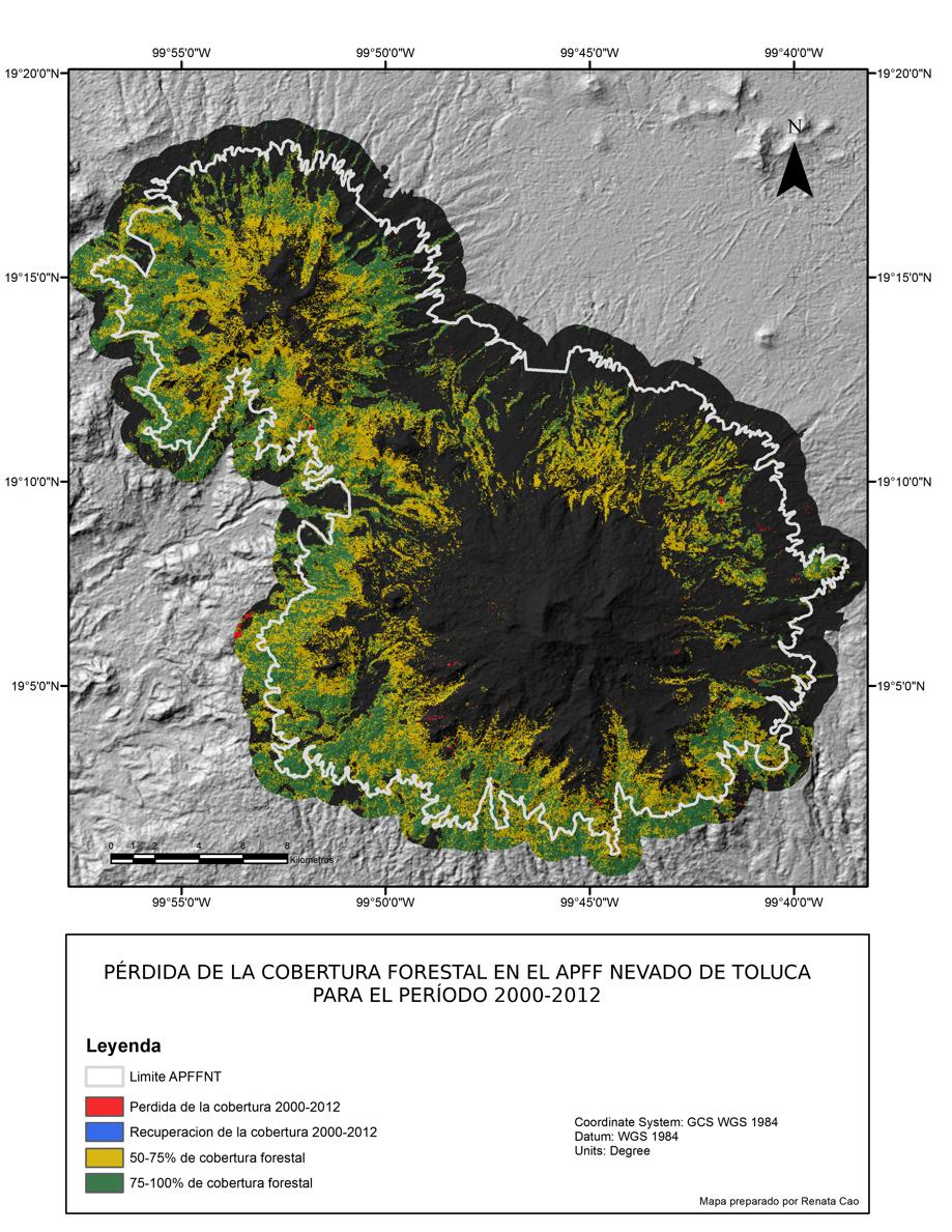 Figura 4. Pérdida de la cobertura forestal para el APFF Nevado de Toluca del 2000 al 20012.