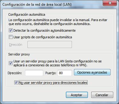 6) Anule la selección de la casilla de verificación Usar un servidor proxy para la LAN (Fig. 5) o seleccione la casilla de verificación No usar servidor proxy para direcciones locales (Fig.