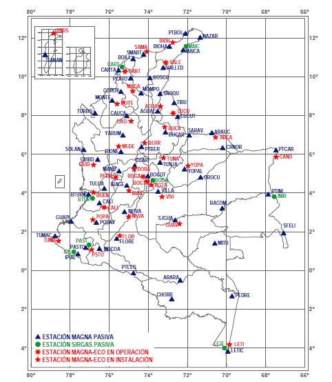 19 Figura 3. Sistema MAGNA SIRGAS: Red básica GPS y estaciones de funcionamiento continuo (estado abril 2005) Fuente: (Sánchez Rodríguez, 2004, p. 6) 3.2.3. Conversión entre coordenadas elipsoidales [ϕ, λ, h] y planas de Gauss-Krüger [N, E] La proyección cartográfica oficial de Colombia es el sistema Gauss-Krüger.