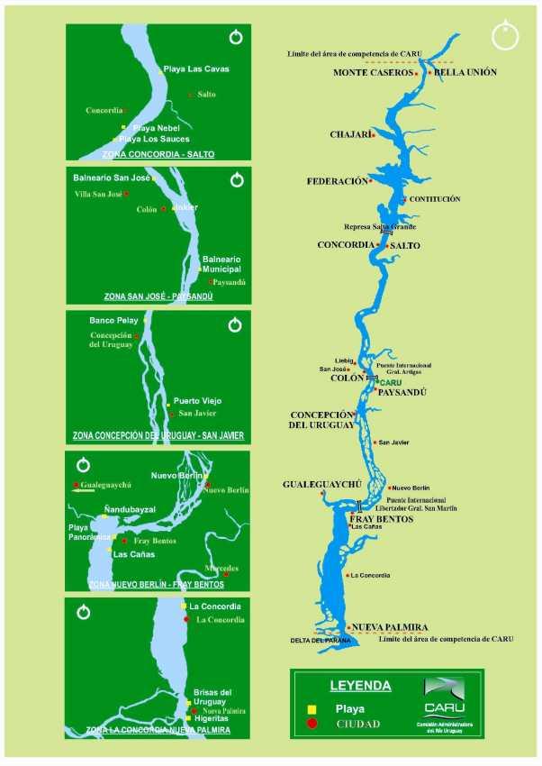 : Estaciones de muestreo situadas en el canal del río Uruguay, relevadas de forma quincenal durante la temporada estival y bimensual el resto del año.